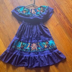 Traditional Mexican Floral Embroidered Purple Kids Dress